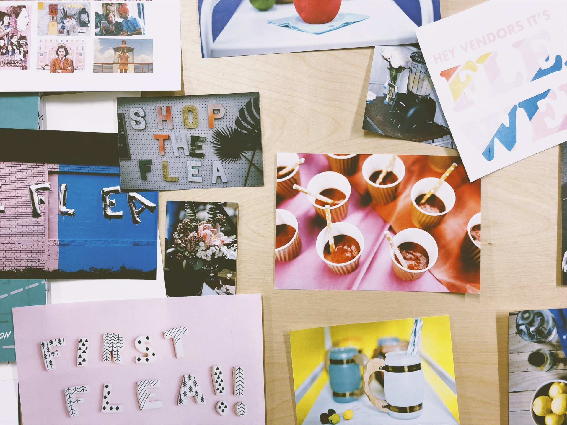 Moodboard of colorful flea market photos, hand-lettered signs and campaign prints